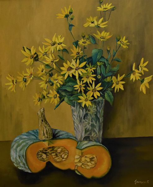 VASO DI VETRO CON FIORI DI TOPINAMBUR E ZUCCA