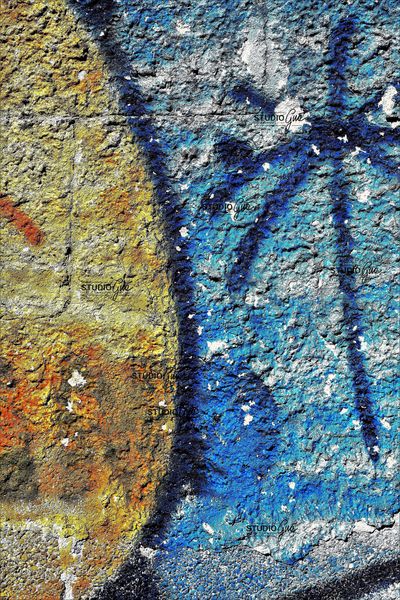 MURO EROSO CON GRAFFITO CON PALMA BLU
